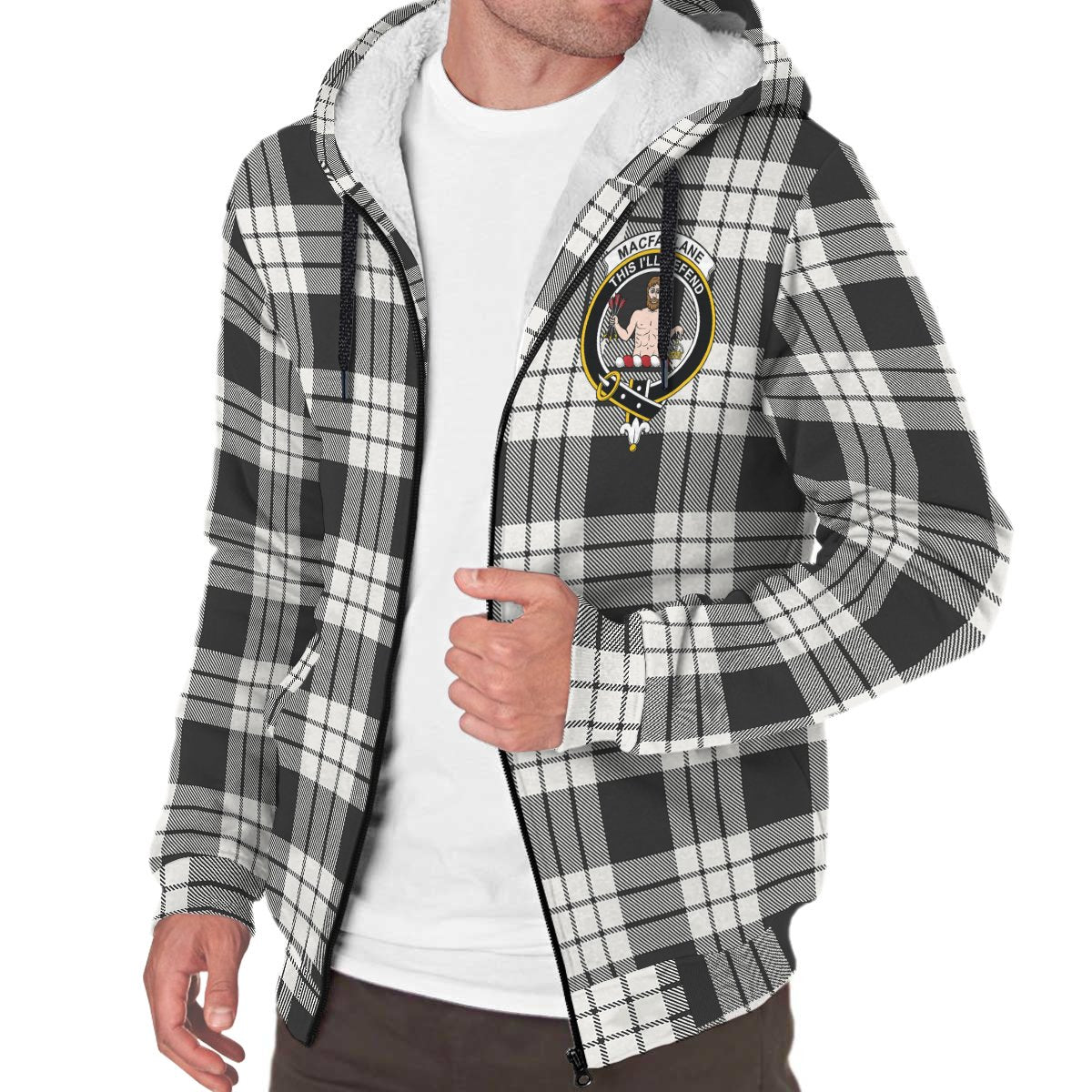 MacFarlane Black & White Ancient Tartan Crest Sherpa Hoodie