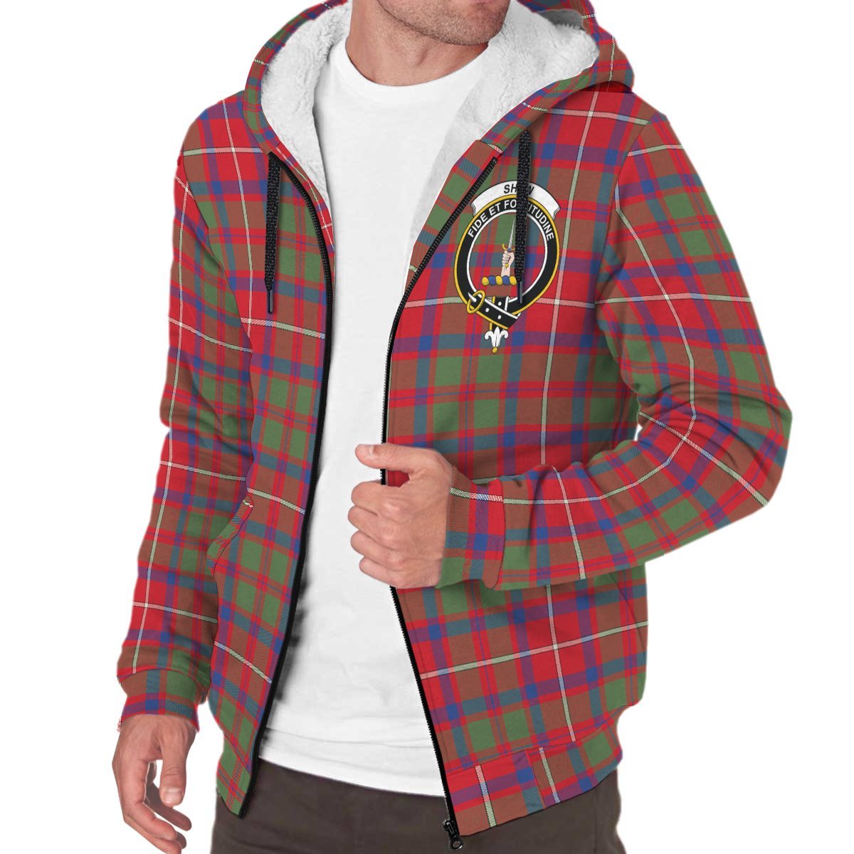 Shaw Red Modern Tartan Crest Sherpa Hoodie