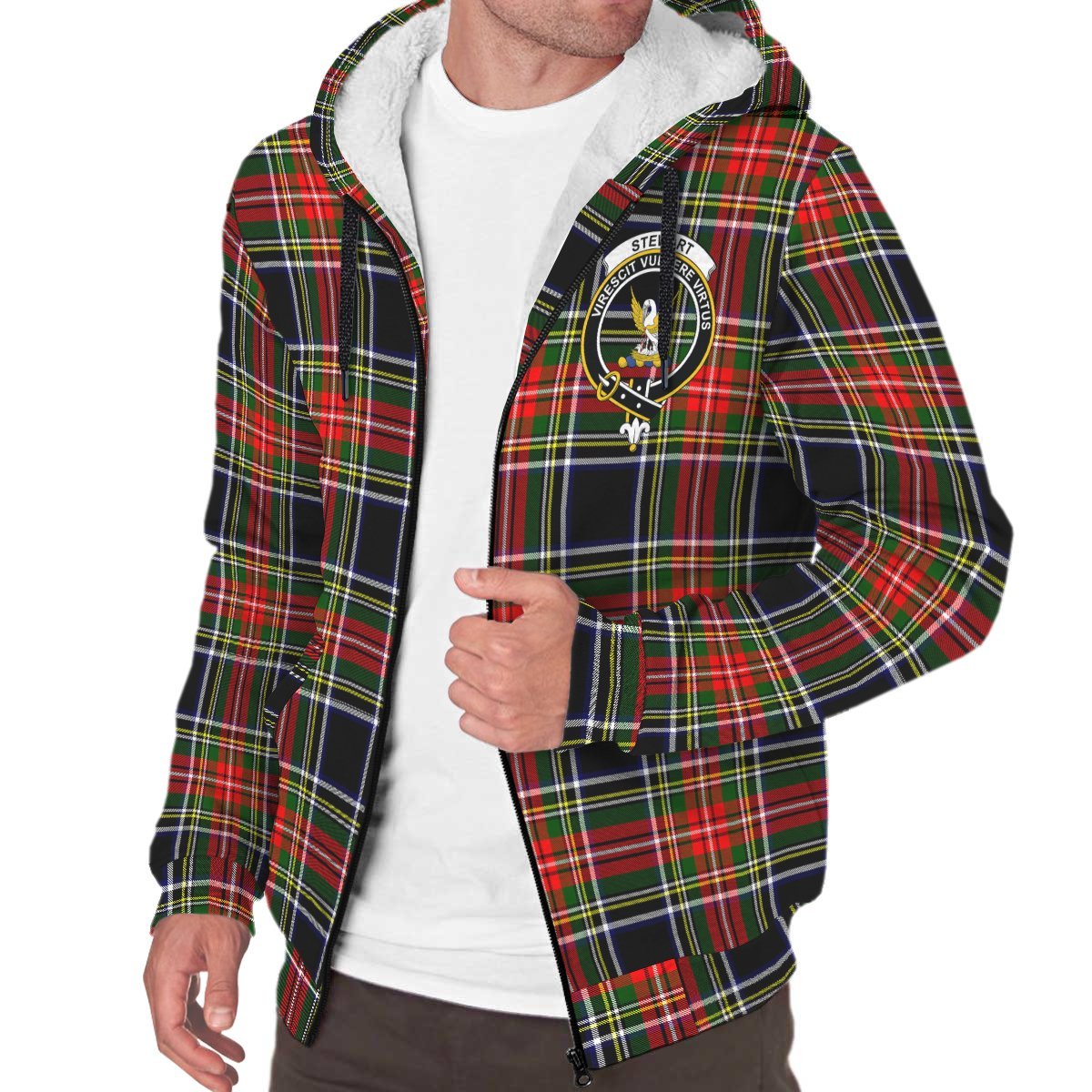 Stewart Black Tartan Crest Sherpa Hoodie