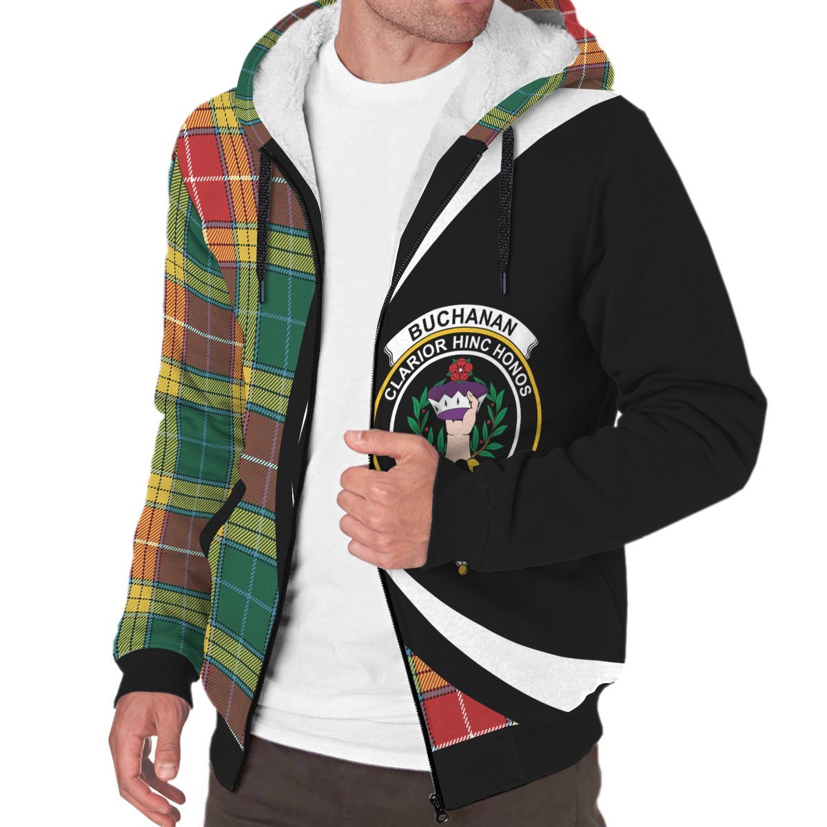 Buchanan Old Sett Tartan Crest Sherpa Hoodie - Circle Style