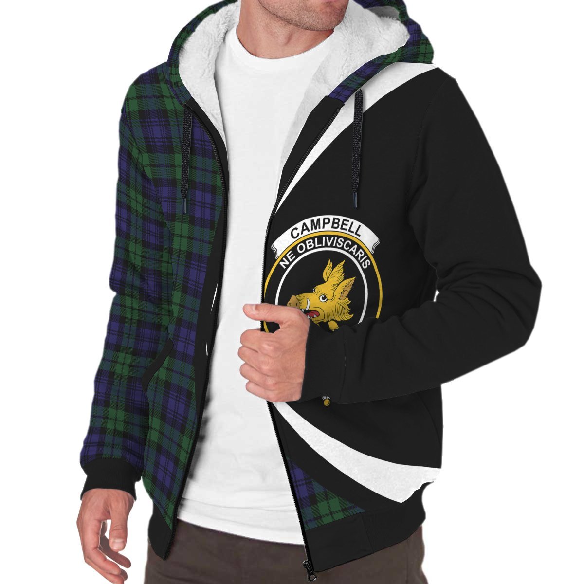 Campbell Modern Tartan Crest Sherpa Hoodie - Circle Style