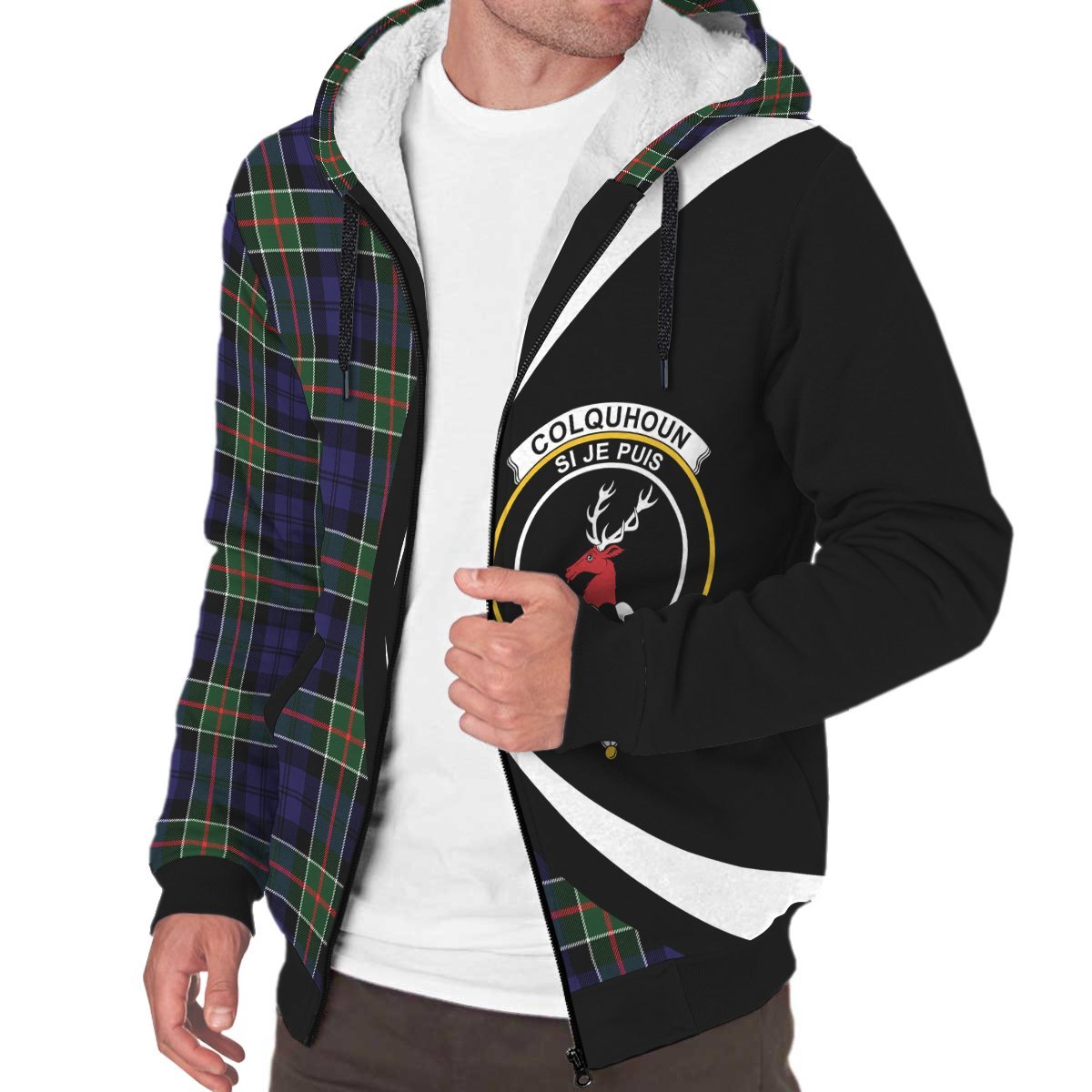 Colquhoun Modern Tartan Crest Sherpa Hoodie - Circle Style