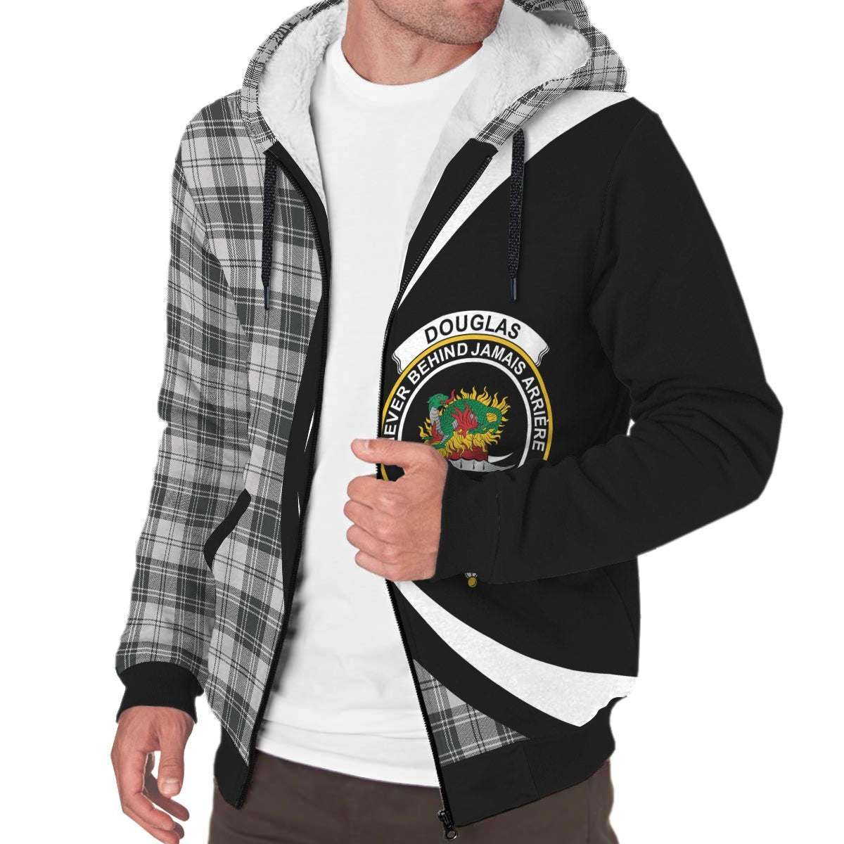 Douglas Grey Modern Tartan Crest Sherpa Hoodie - Circle Style