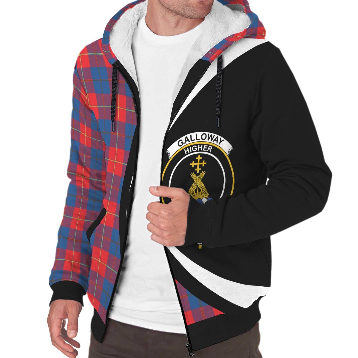 Galloway Red Tartan Crest Sherpa Hoodie - Circle Style