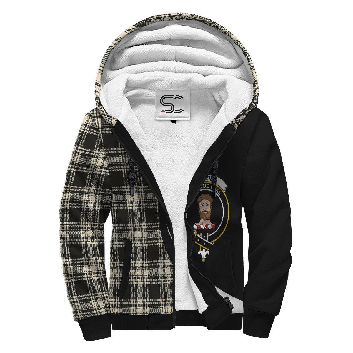 Menzies Black & White Ancient Tartan Crest Sherpa Hoodie - Circle Style