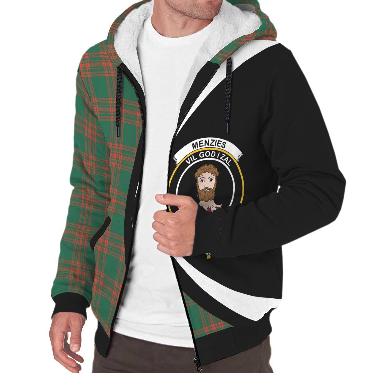 Menzies Green Ancient Tartan Crest Sherpa Hoodie - Circle Style