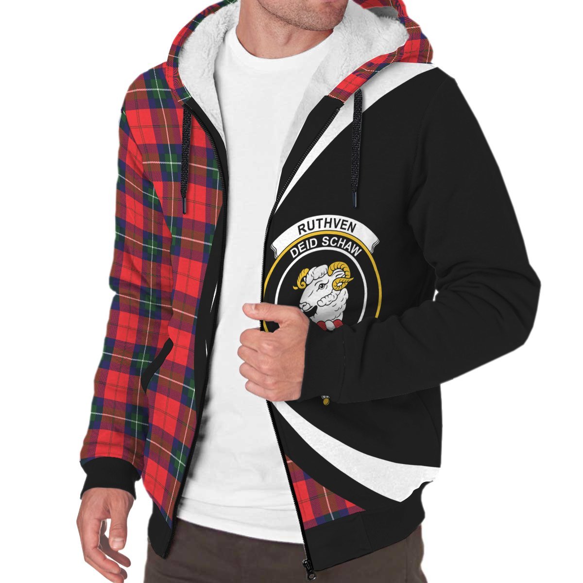 Ruthven Modern Tartan Crest Sherpa Hoodie - Circle Style