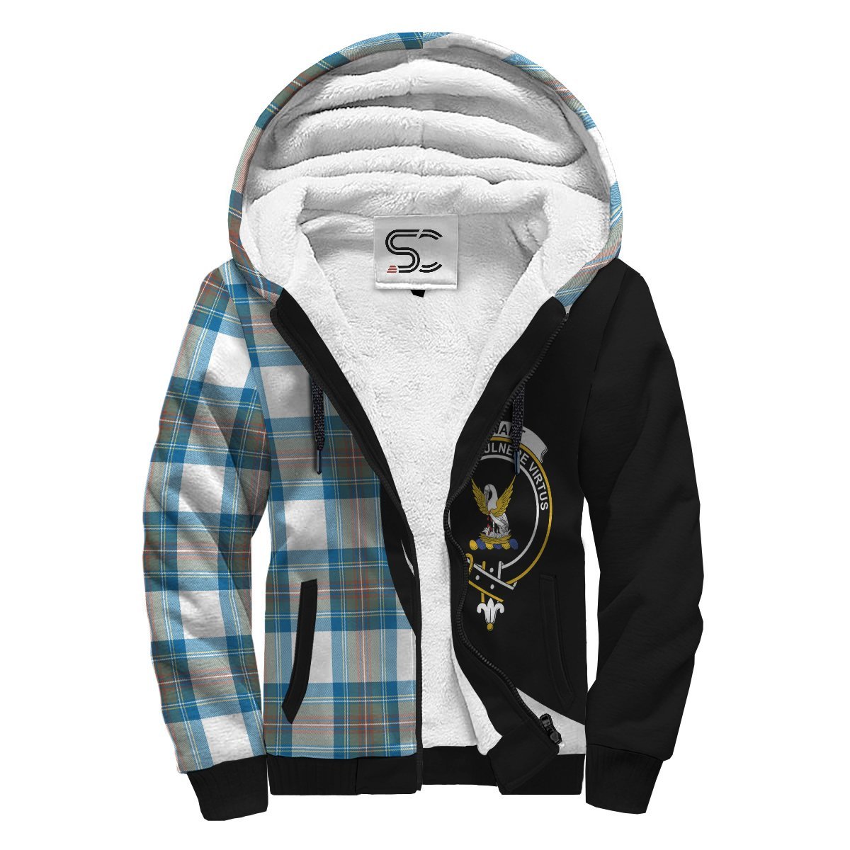 Stewart Muted Blue Tartan Crest Sherpa Hoodie - Circle Style