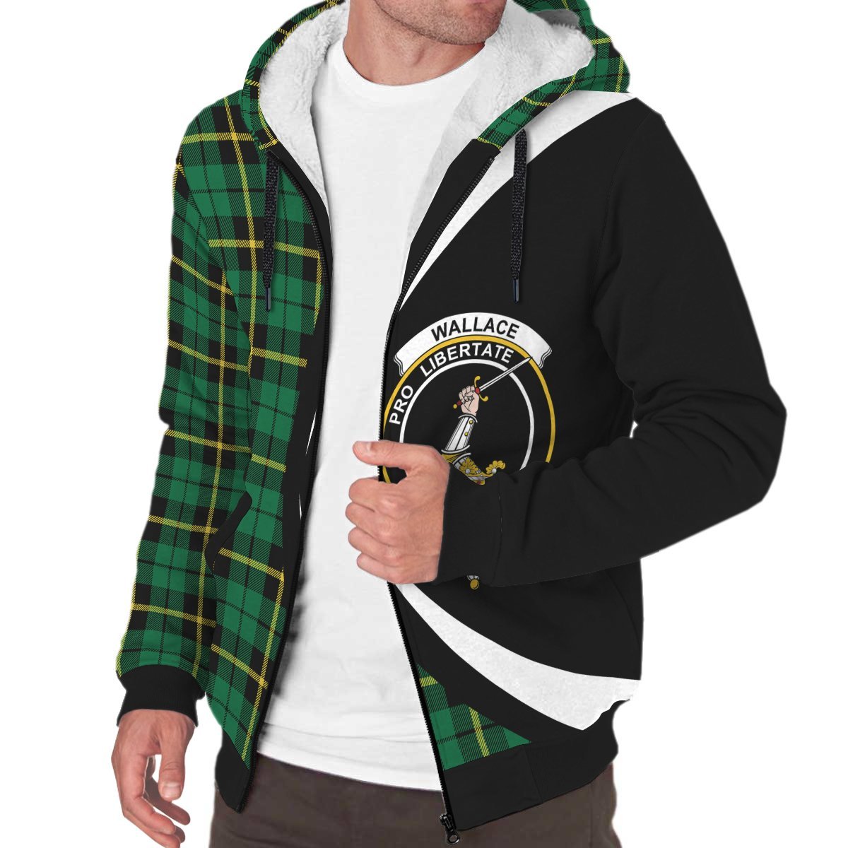 Wallace Hunting - Green Tartan Crest Sherpa Hoodie - Circle Style