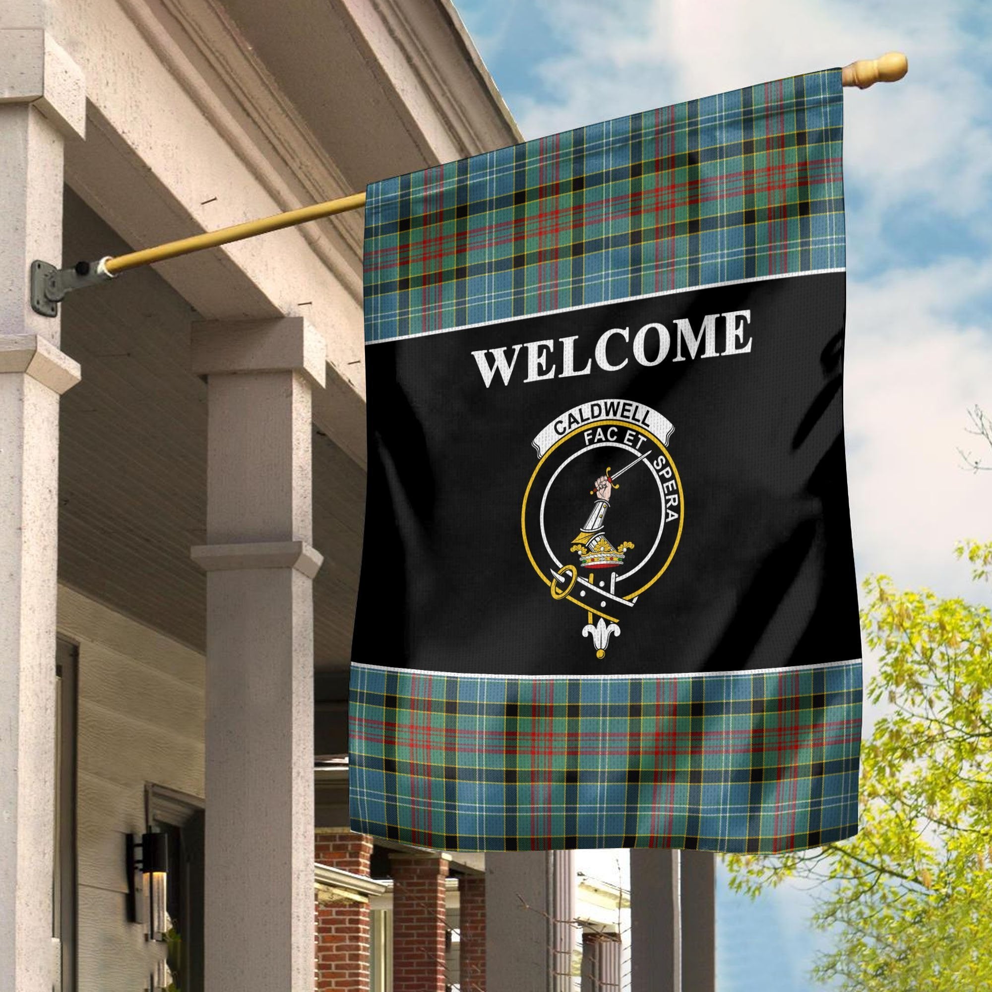 Caldwell Tartan Crest Black Garden Flag