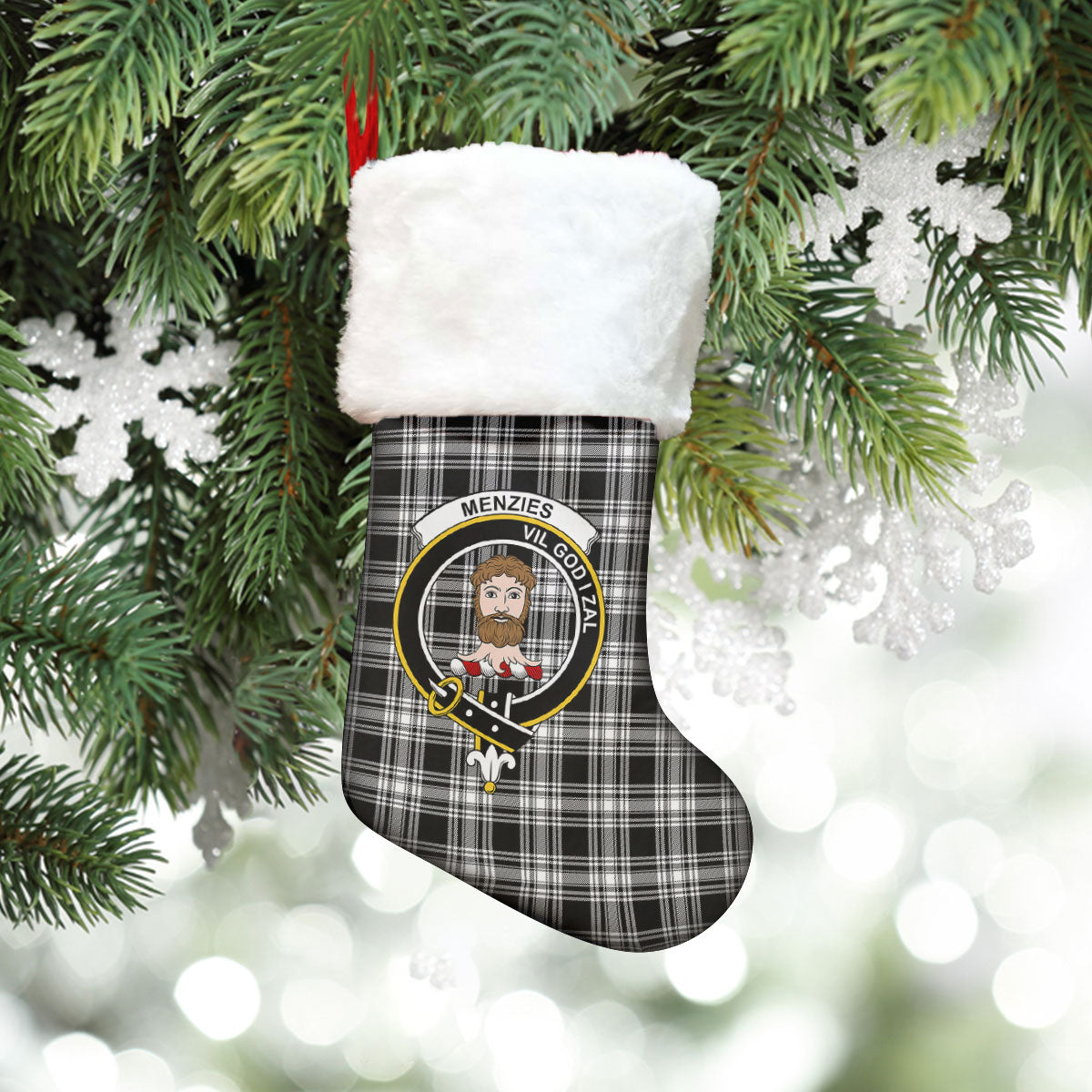 Menzies Black _ White Modern Tartan Crest Christmas Stocking