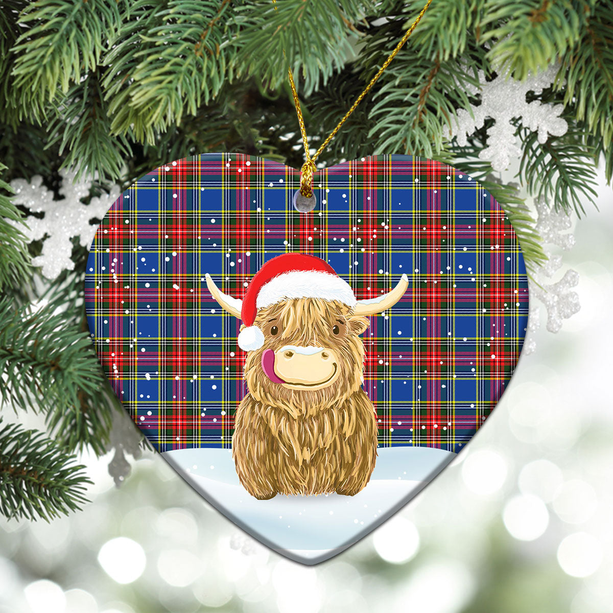 Beaton Modern Tartan Christmas Ceramic Ornament - Highland Cows Style