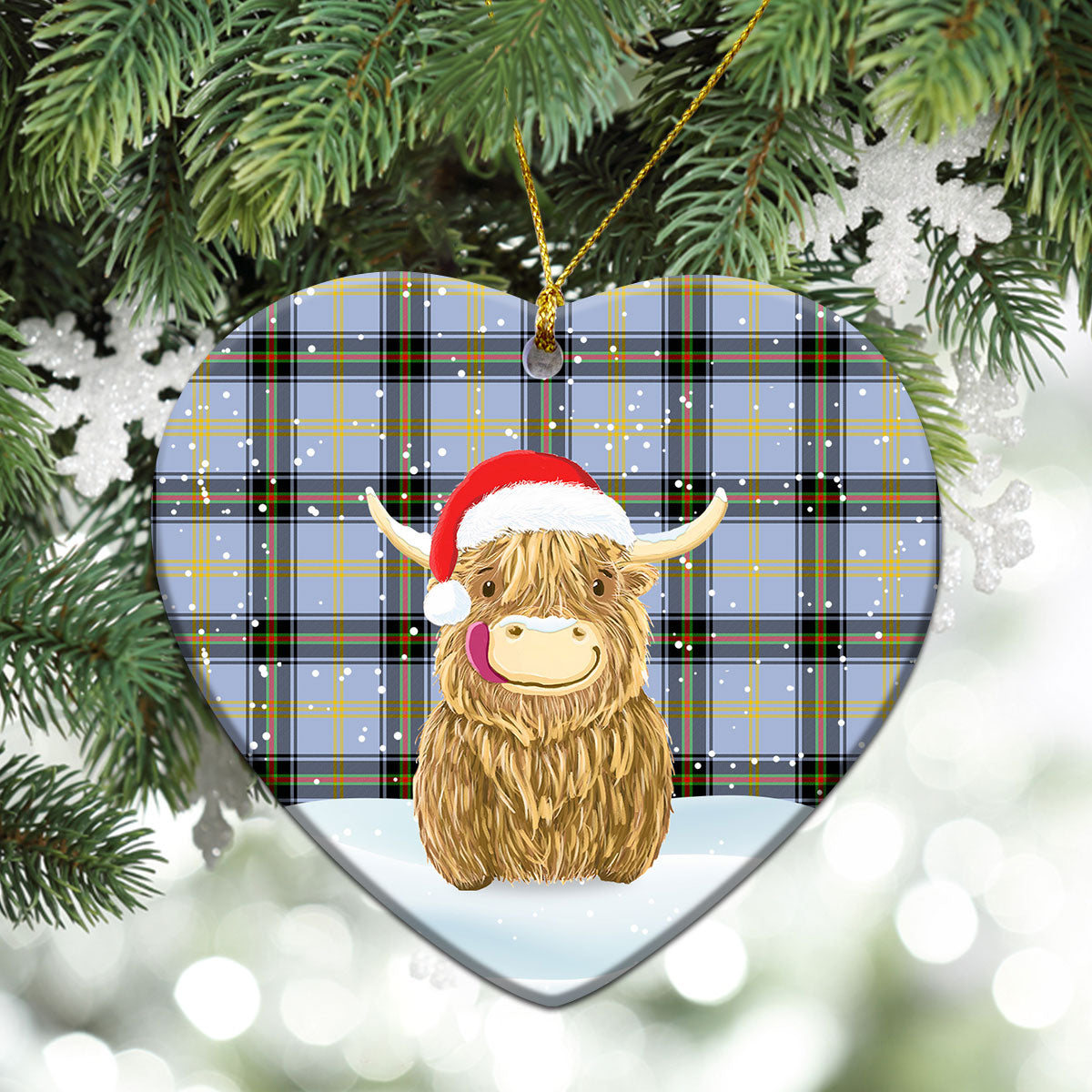 Bell of the Borders Tartan Christmas Ceramic Ornament - Highland Cows Style