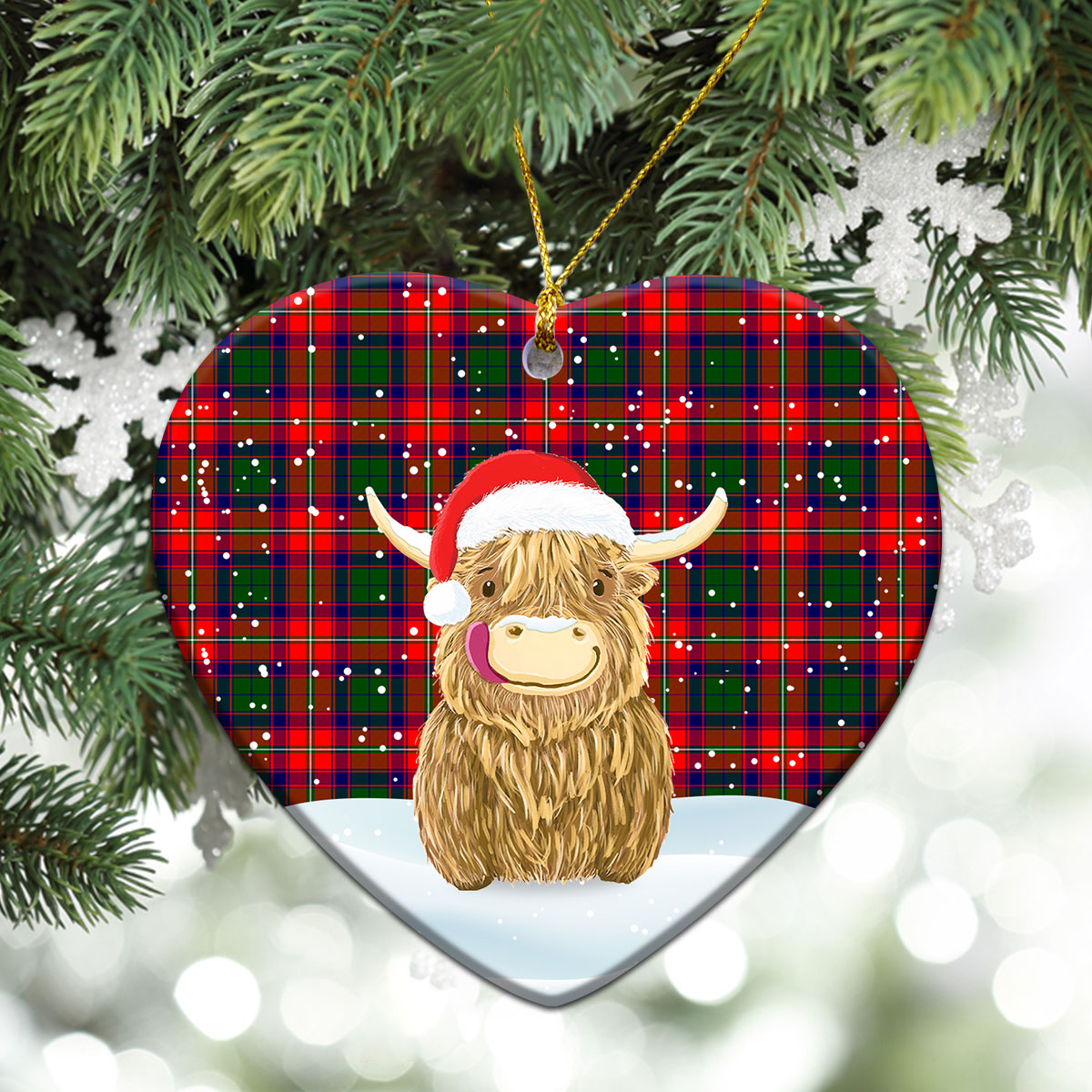 Belshes Tartan Christmas Ceramic Ornament - Highland Cows Style