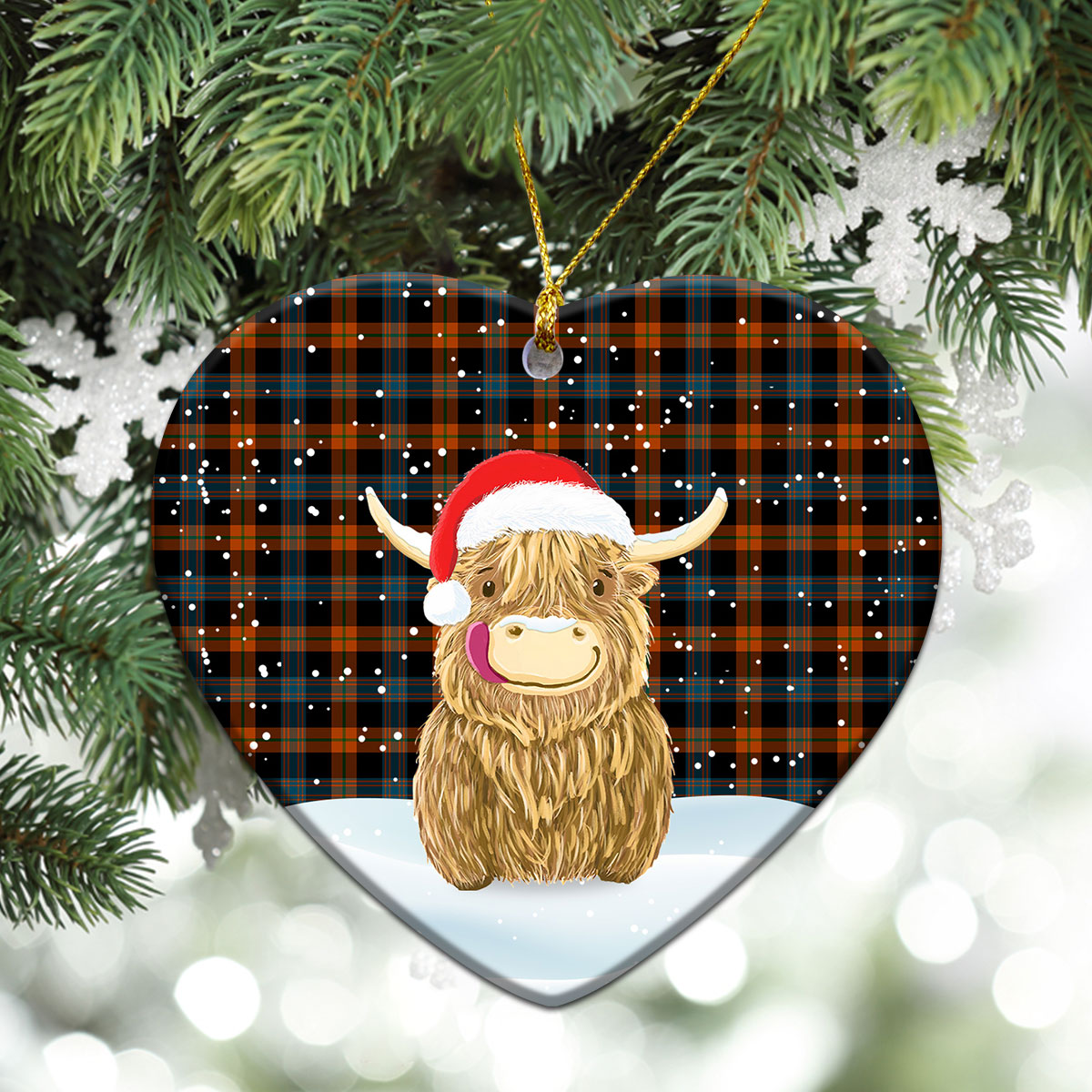 Broun Ancient Tartan Christmas Ceramic Ornament - Highland Cows Style