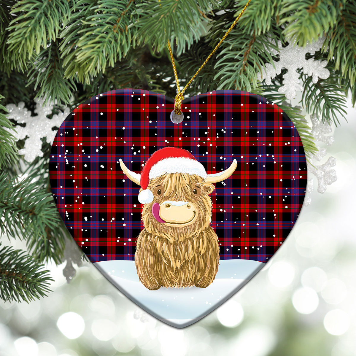 Brown Modern Tartan Christmas Ceramic Ornament - Highland Cows Style