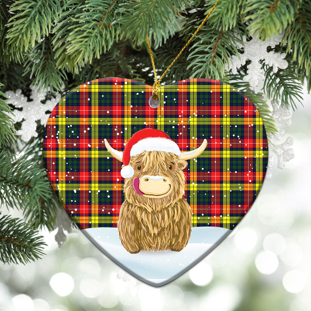 Buchanan Modern Tartan Christmas Ceramic Ornament - Highland Cows Style