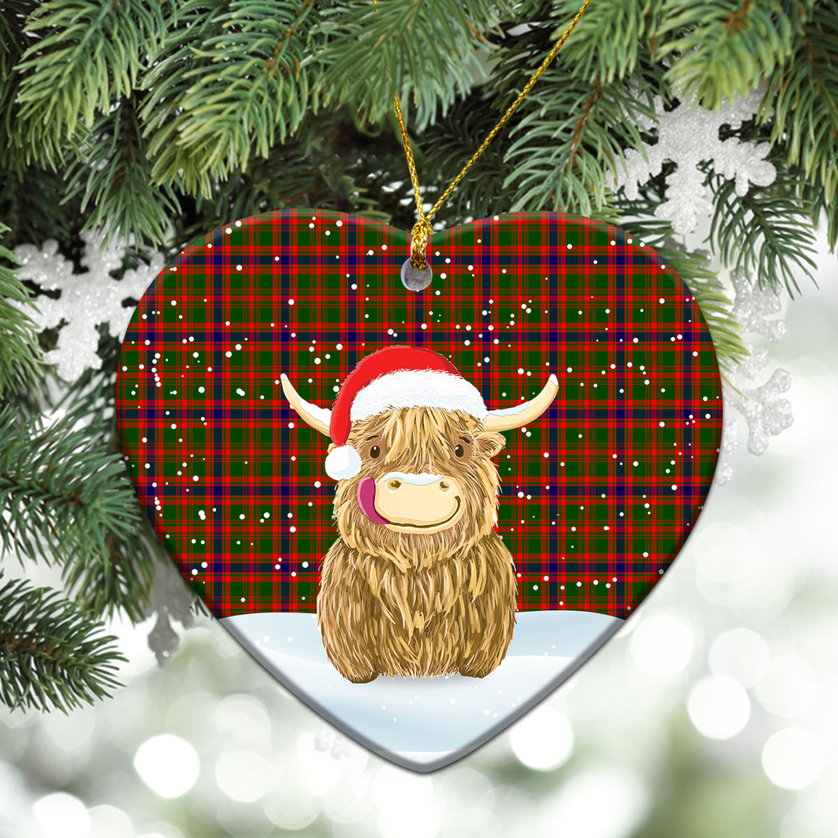 Kinninmont Tartan Christmas Ceramic Ornament - Highland Cows Style