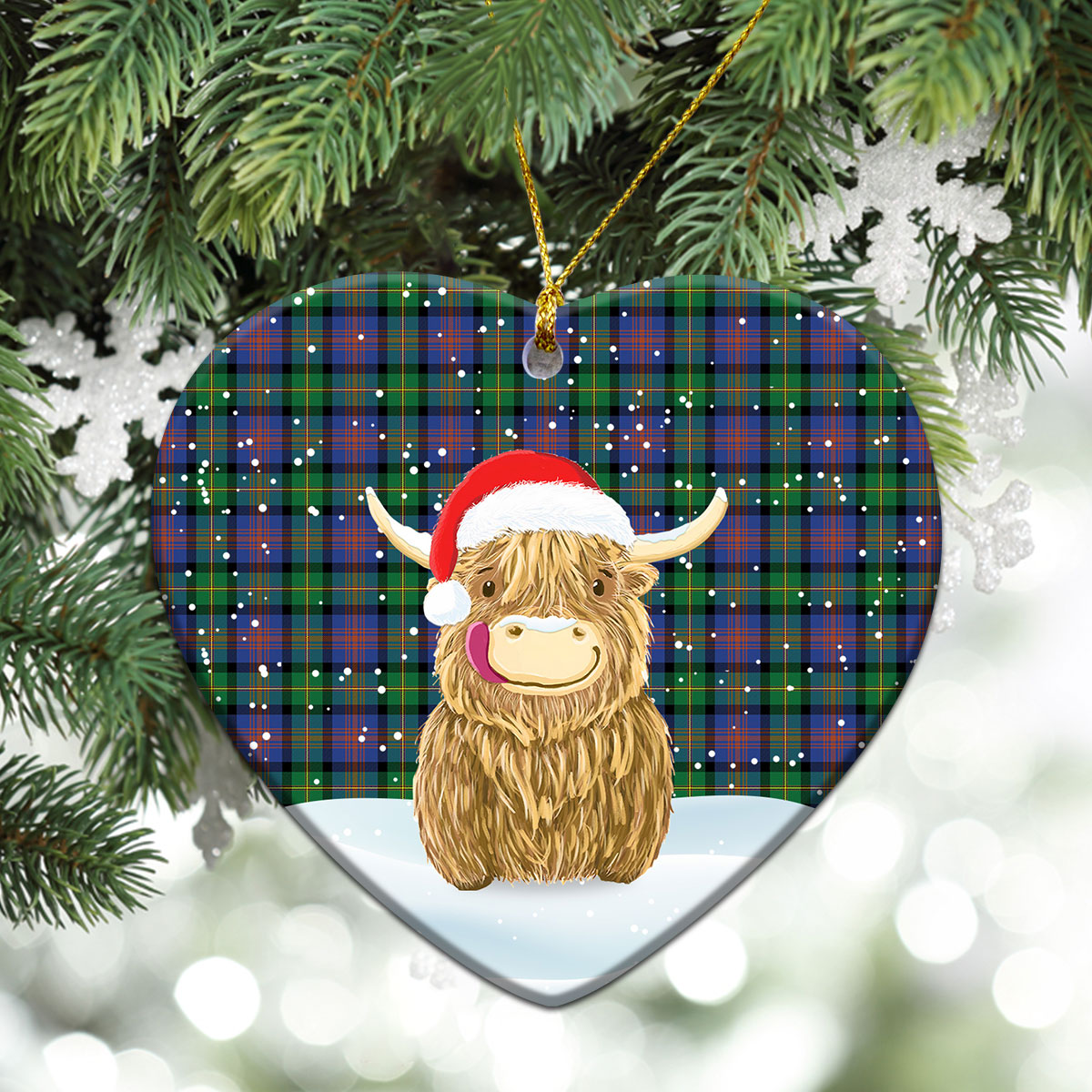 MacLennan Ancient Tartan Christmas Ceramic Ornament - Highland Cows Style