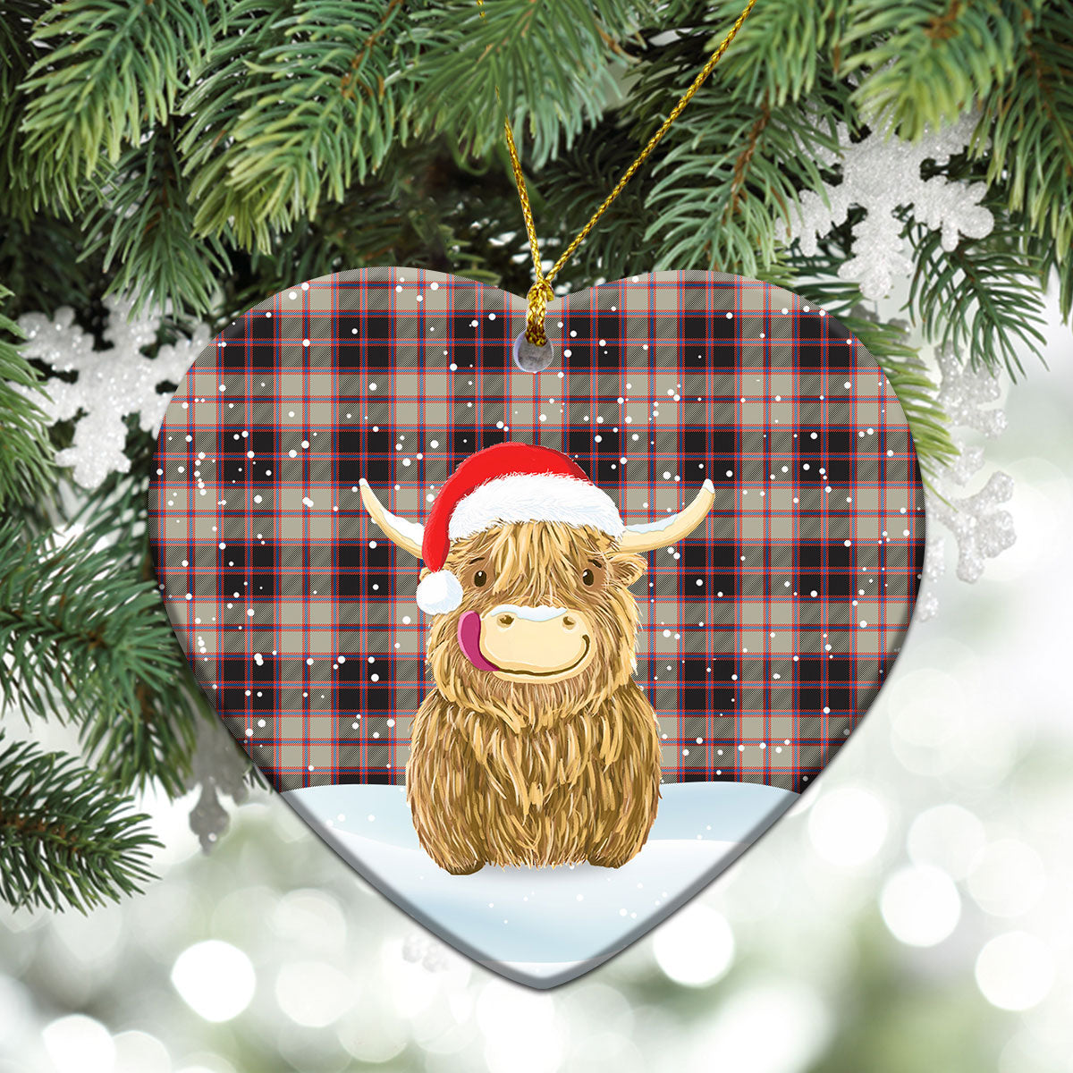 MacPherson Hunting Ancient Tartan Christmas Ceramic Ornament - Highland Cows Style
