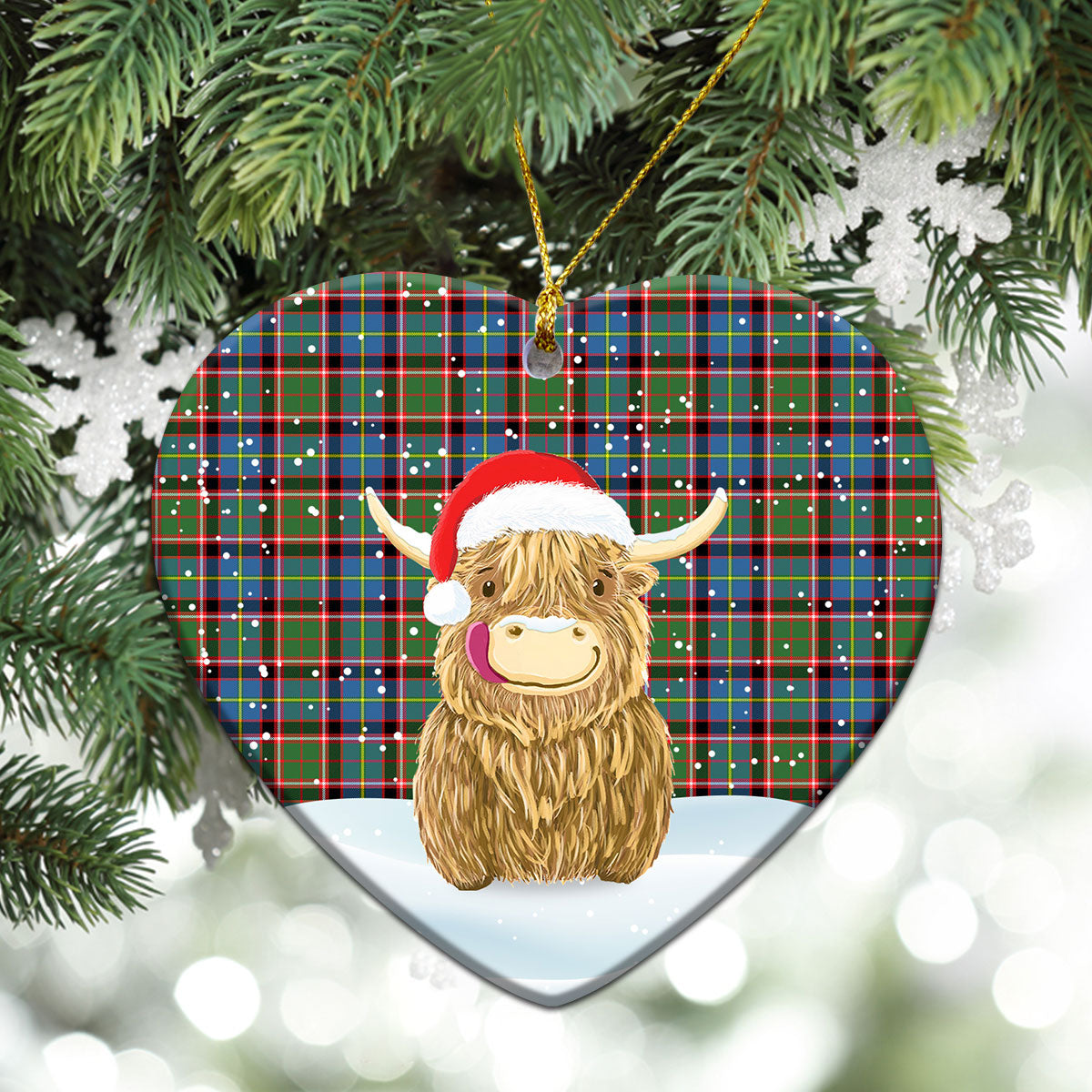 Norvel (or Norvill) Tartan Christmas Ceramic Ornament - Highland Cows Style