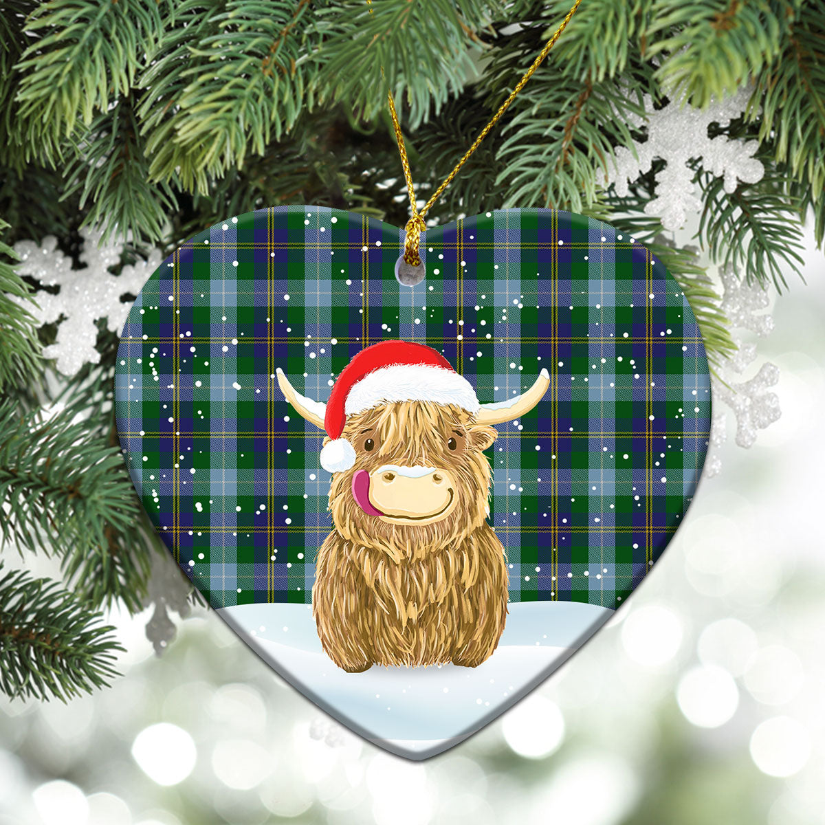 Porteous Tartan Christmas Ceramic Ornament - Highland Cows Style