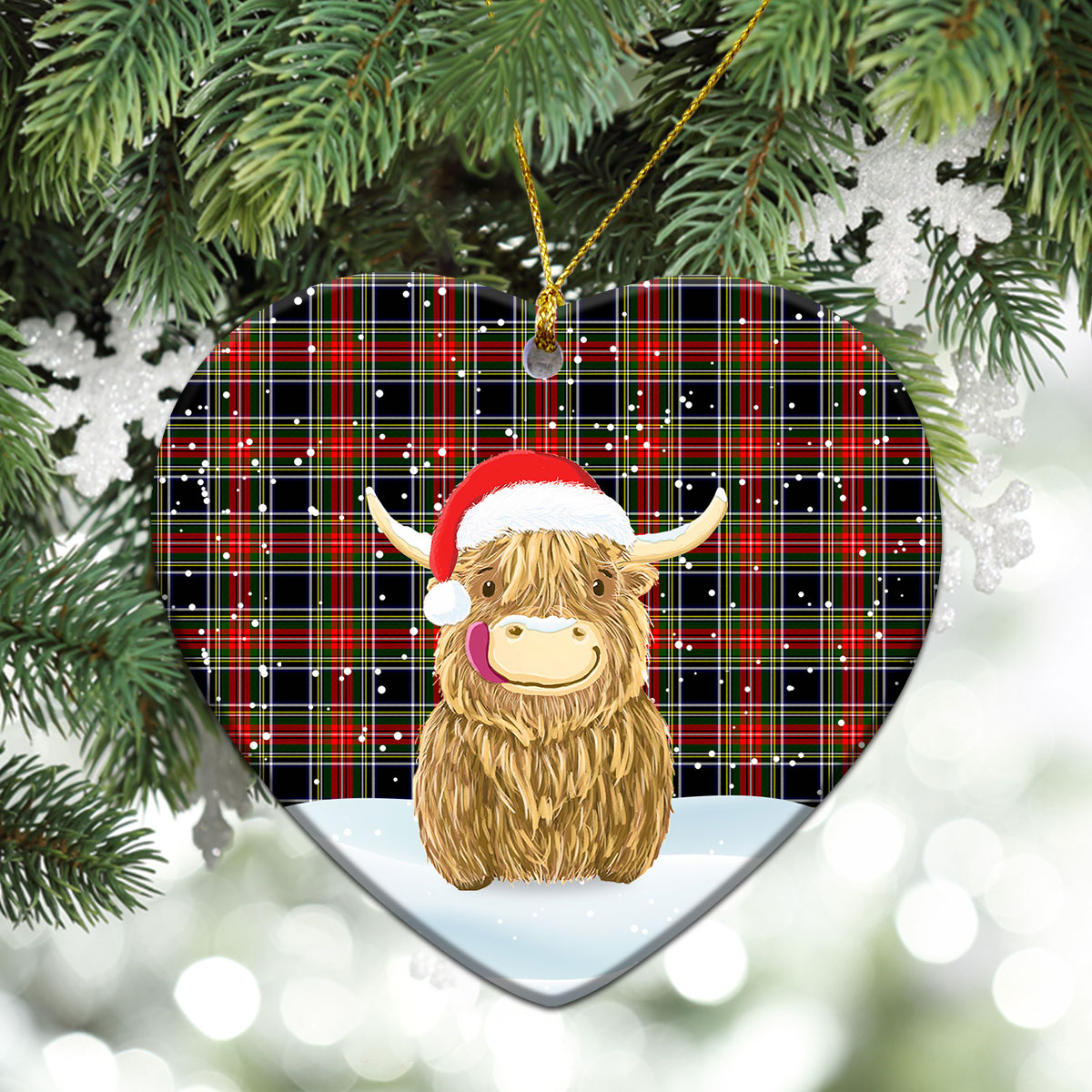 Stewart Black Tartan Christmas Ceramic Ornament - Highland Cows Style