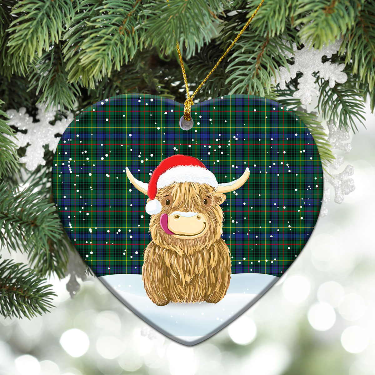 Stewart Hunting Modern Tartan Christmas Ceramic Ornament - Highland Cows Style