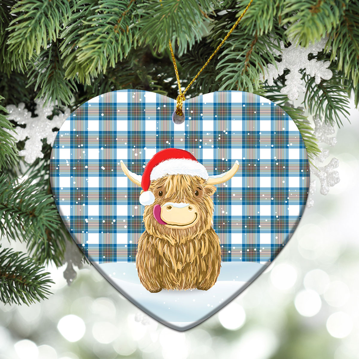 Stewart Muted Blue Tartan Christmas Ceramic Ornament - Highland Cows Style