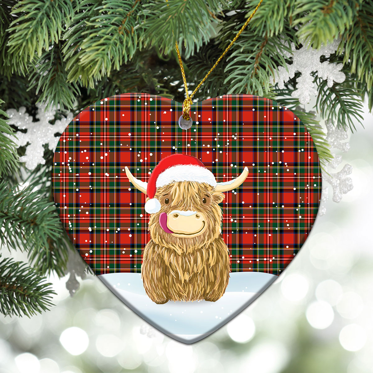 Stewart Royal Modern Tartan Christmas Ceramic Ornament - Highland Cows Style