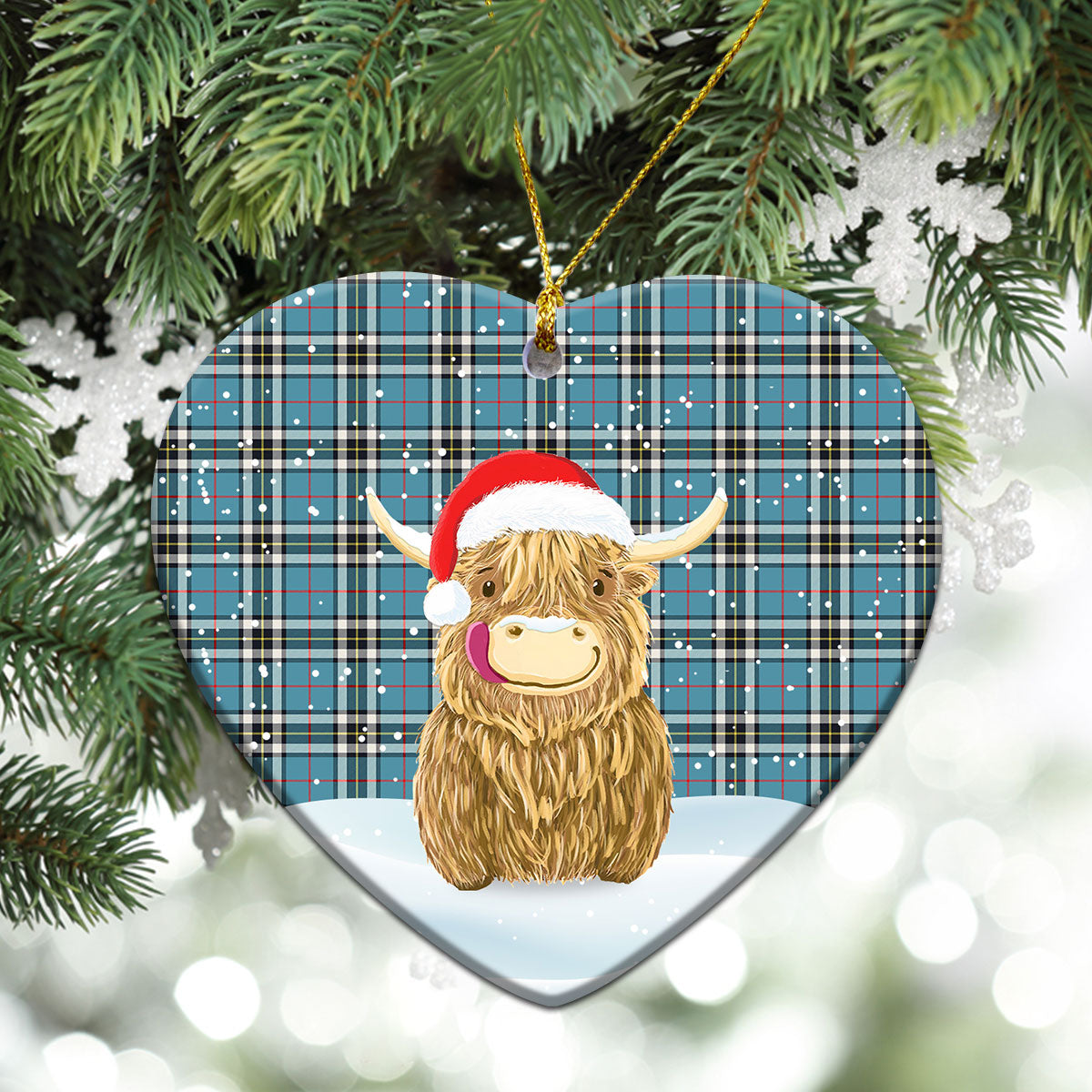 Thomson Blue Tartan Christmas Ceramic Ornament - Highland Cows Style