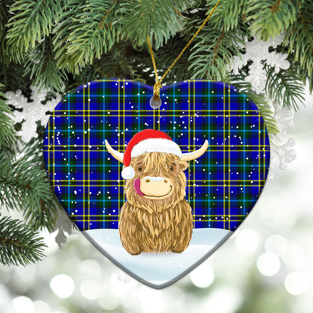 Weir Modern Tartan Christmas Ceramic Ornament - Highland Cows Style