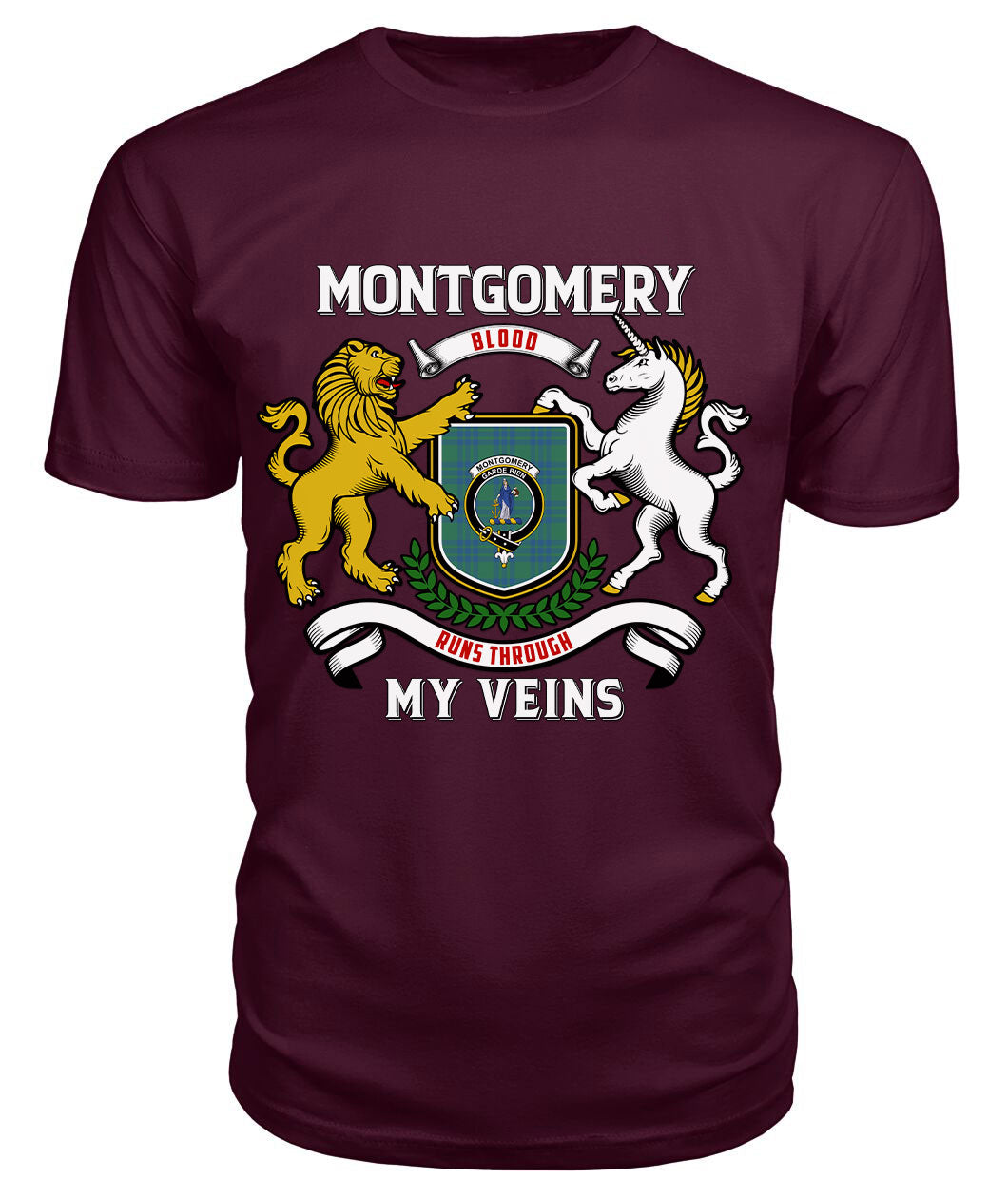 Montgomery Ancient Tartan Crest 2D T-shirt - Blood Runs Through My Veins Style