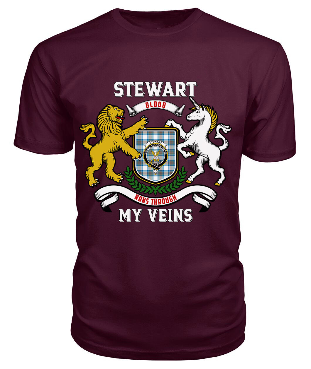 Stewart Muted Blue Tartan Crest 2D T-shirt - Blood Runs Through My Veins Style