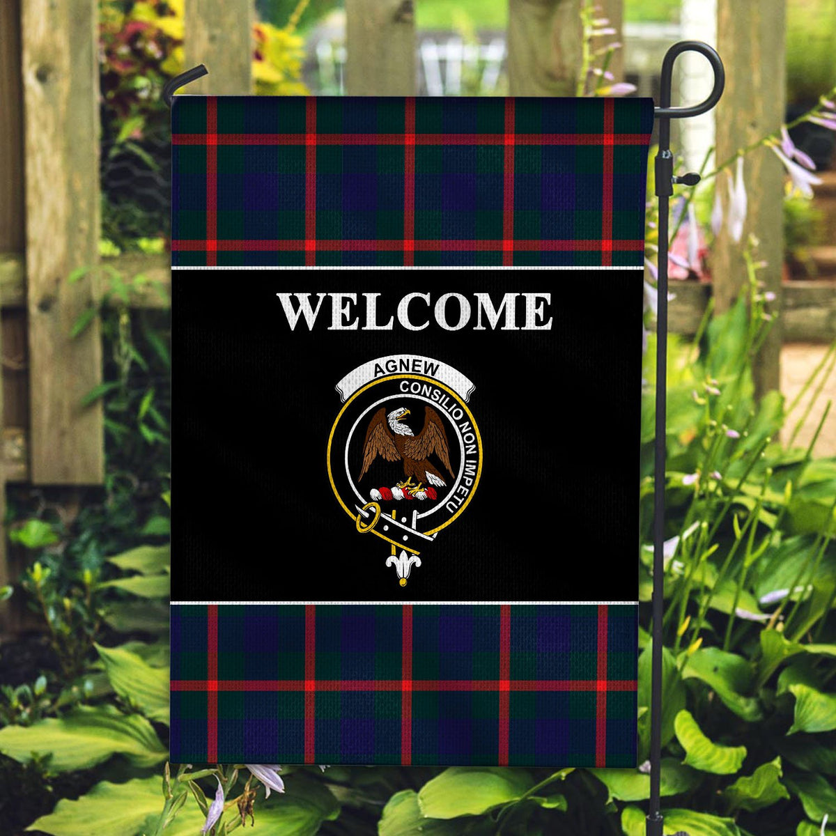 Agnew Tartan Crest Black Garden Flag