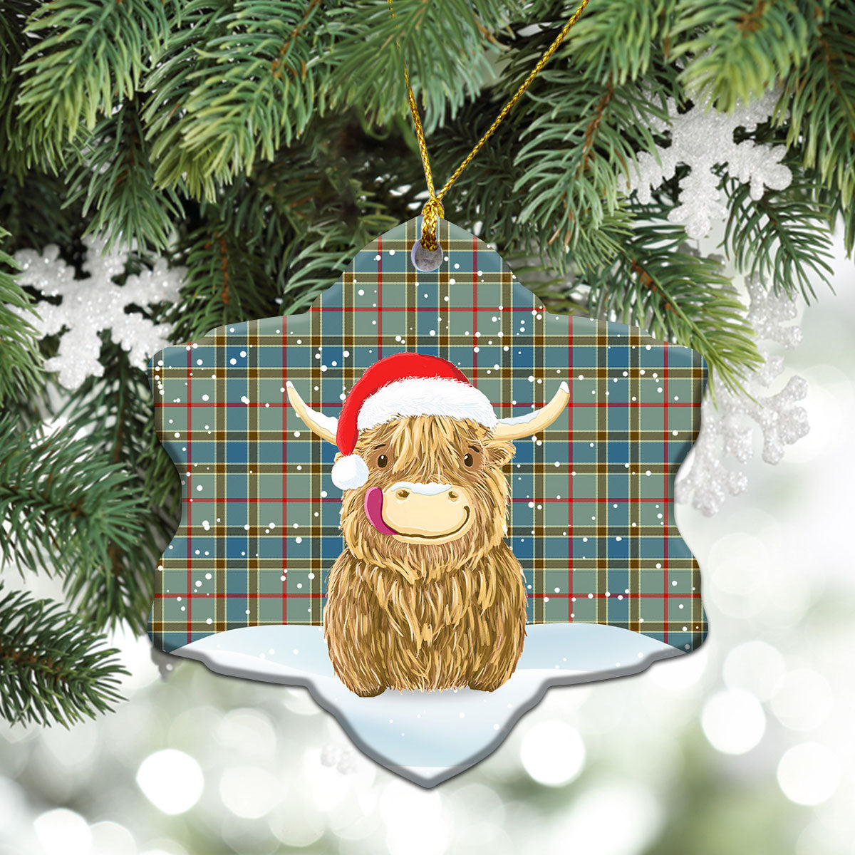 Balfour Blue Tartan Christmas Ceramic Ornament - Highland Cows Style