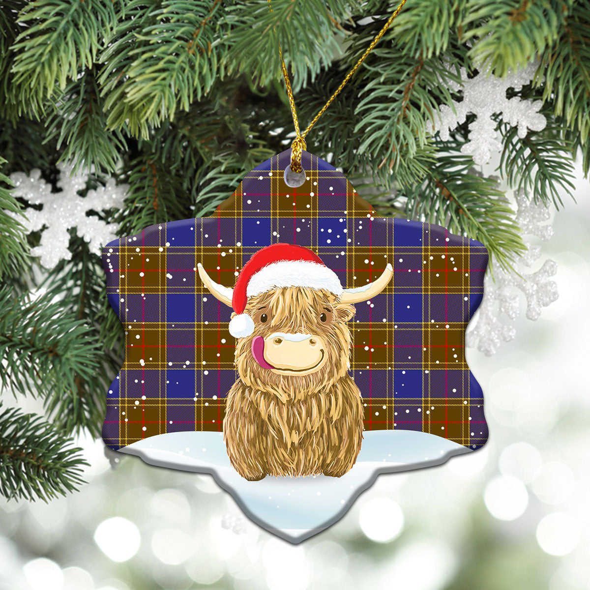 Balfour Modern Tartan Christmas Ceramic Ornament - Highland Cows Style