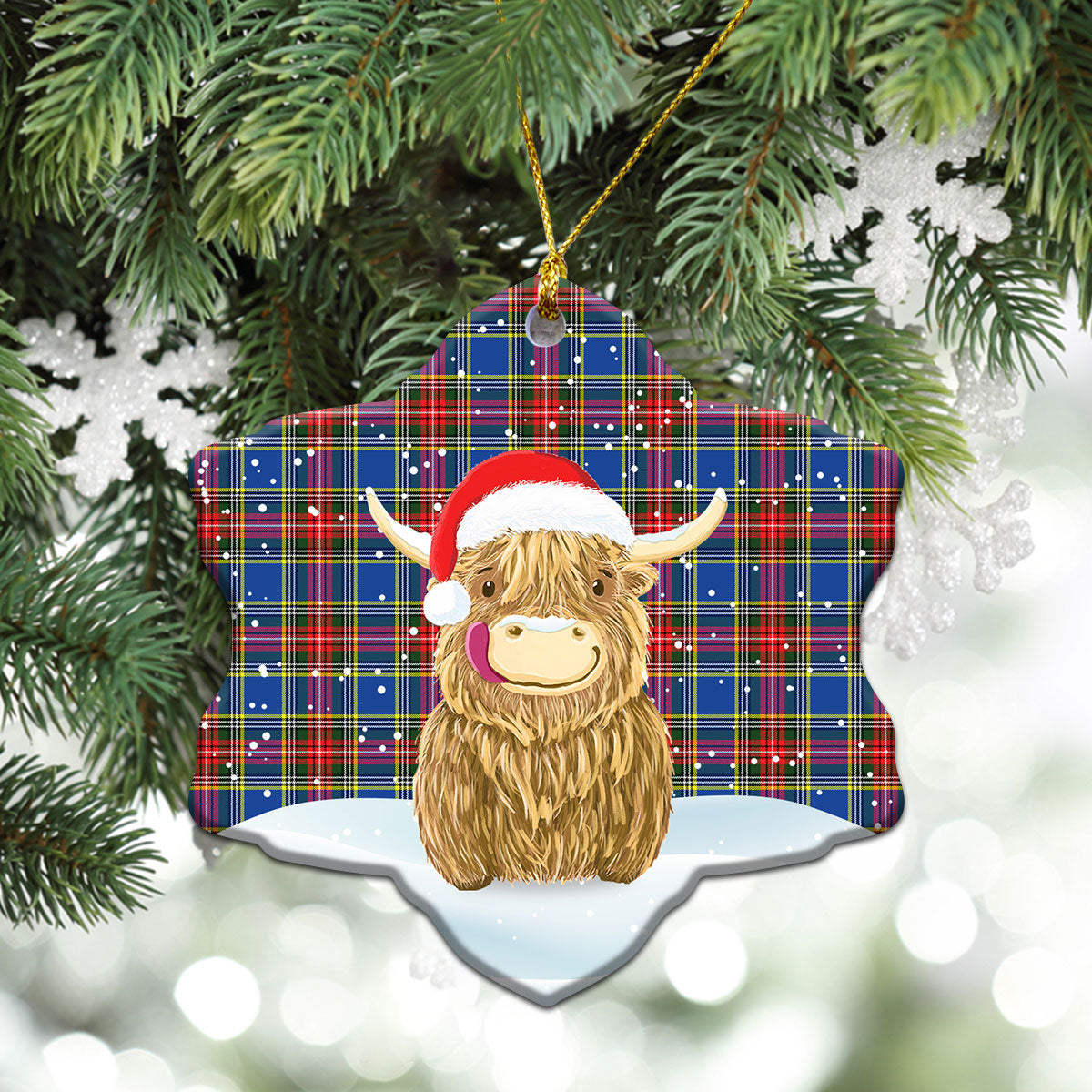 Beaton Modern Tartan Christmas Ceramic Ornament - Highland Cows Style