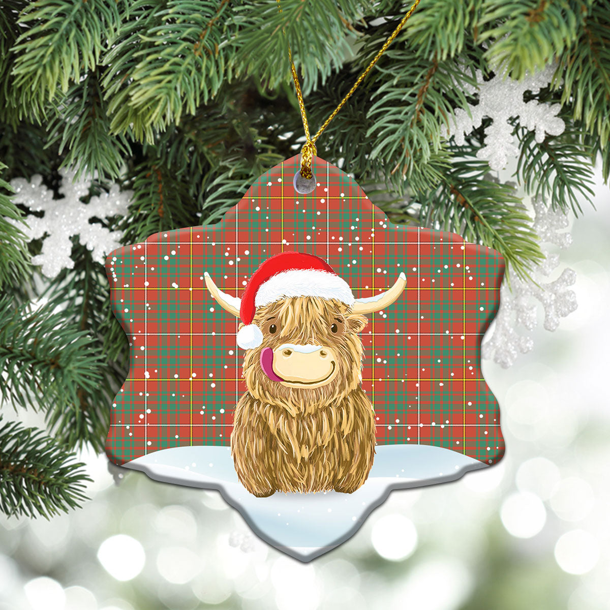 Bruce Ancient Tartan Christmas Ceramic Ornament - Highland Cows Style