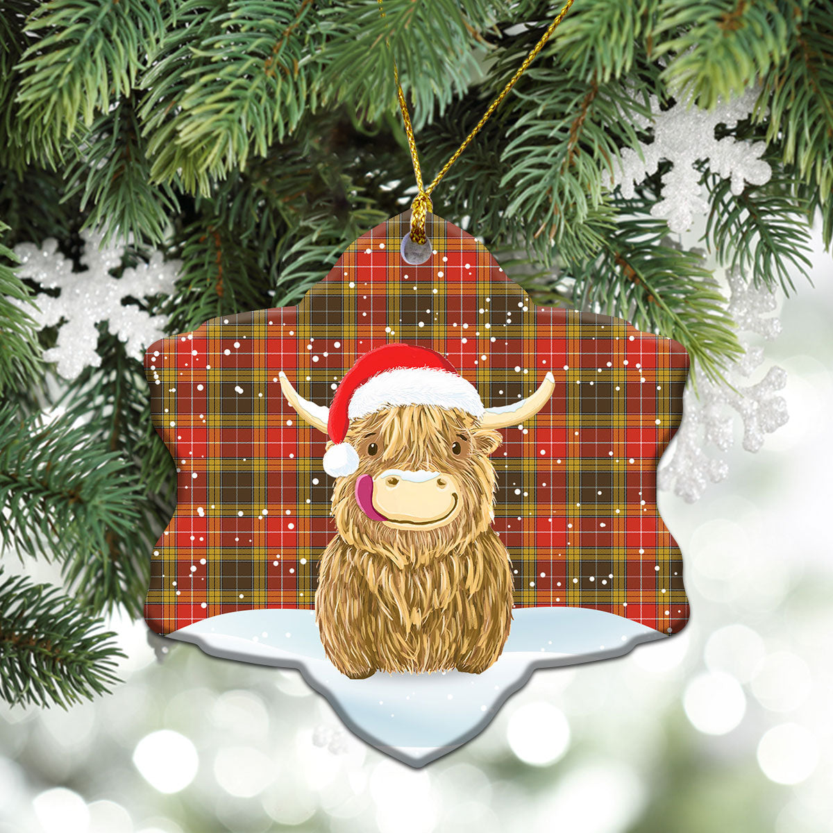 Buchanan Old Set Weathered Tartan Christmas Ceramic Ornament - Highland Cows Style