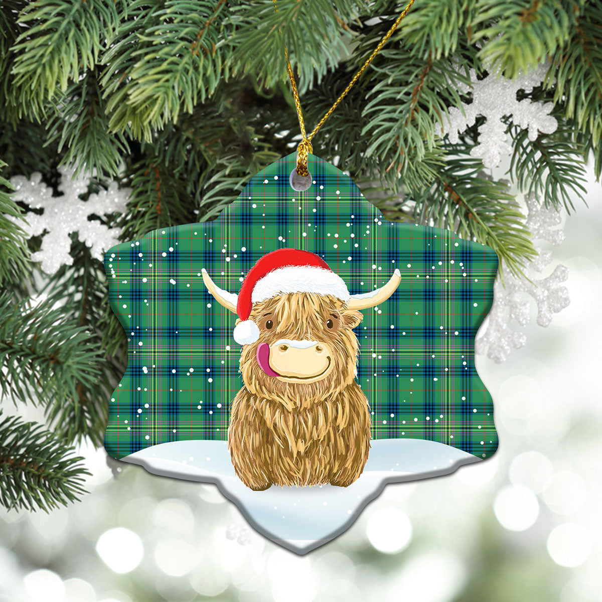 Kennedy Ancient Tartan Christmas Ceramic Ornament - Highland Cows Style