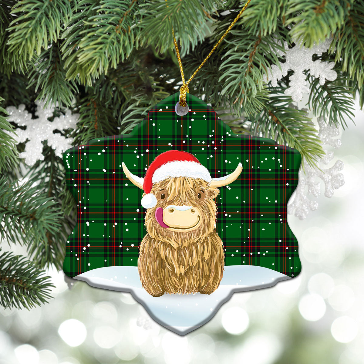 Lundin Tartan Christmas Ceramic Ornament - Highland Cows Style