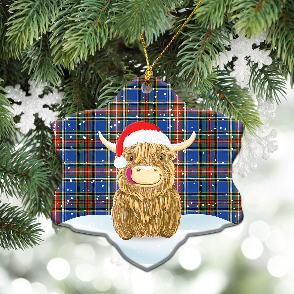 MacBeth Ancient Tartan Christmas Ceramic Ornament - Highland Cows Style