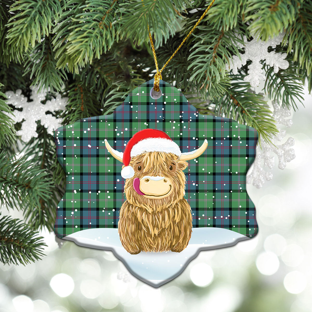 MacThomas Ancient Tartan Christmas Ceramic Ornament - Highland Cows Style