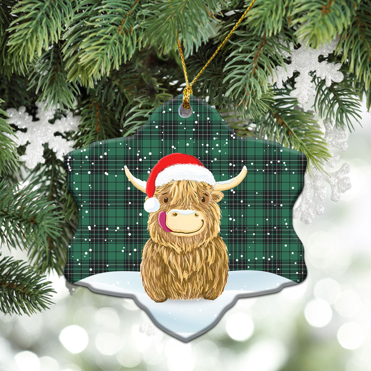 McLean Hunting Ancient Tartan Christmas Ceramic Ornament - Highland Cows Style