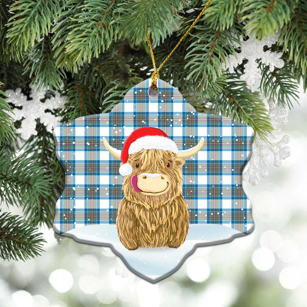 Stewart Muted Blue Tartan Christmas Ceramic Ornament - Highland Cows Style