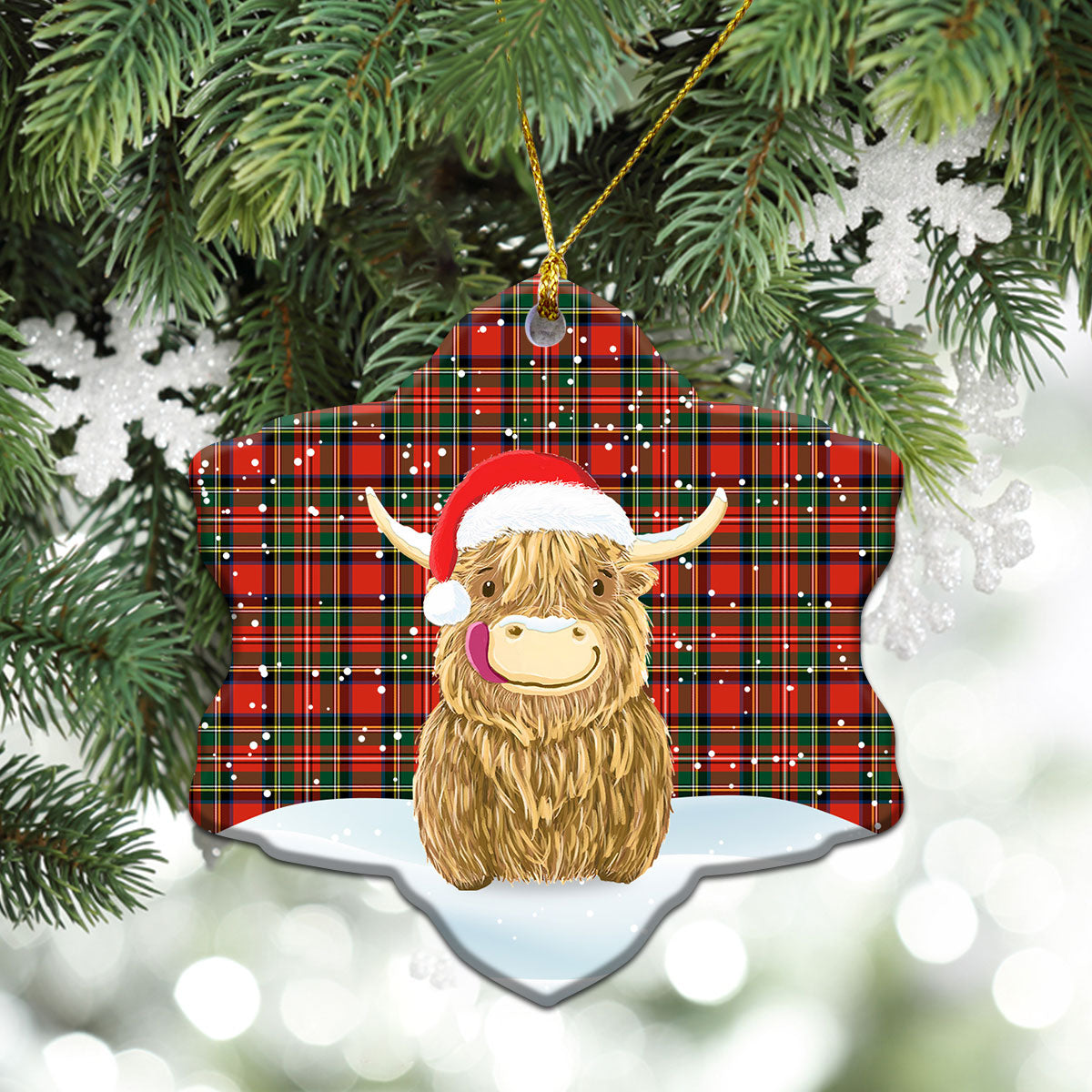 Stewart Royal Modern Tartan Christmas Ceramic Ornament - Highland Cows Style