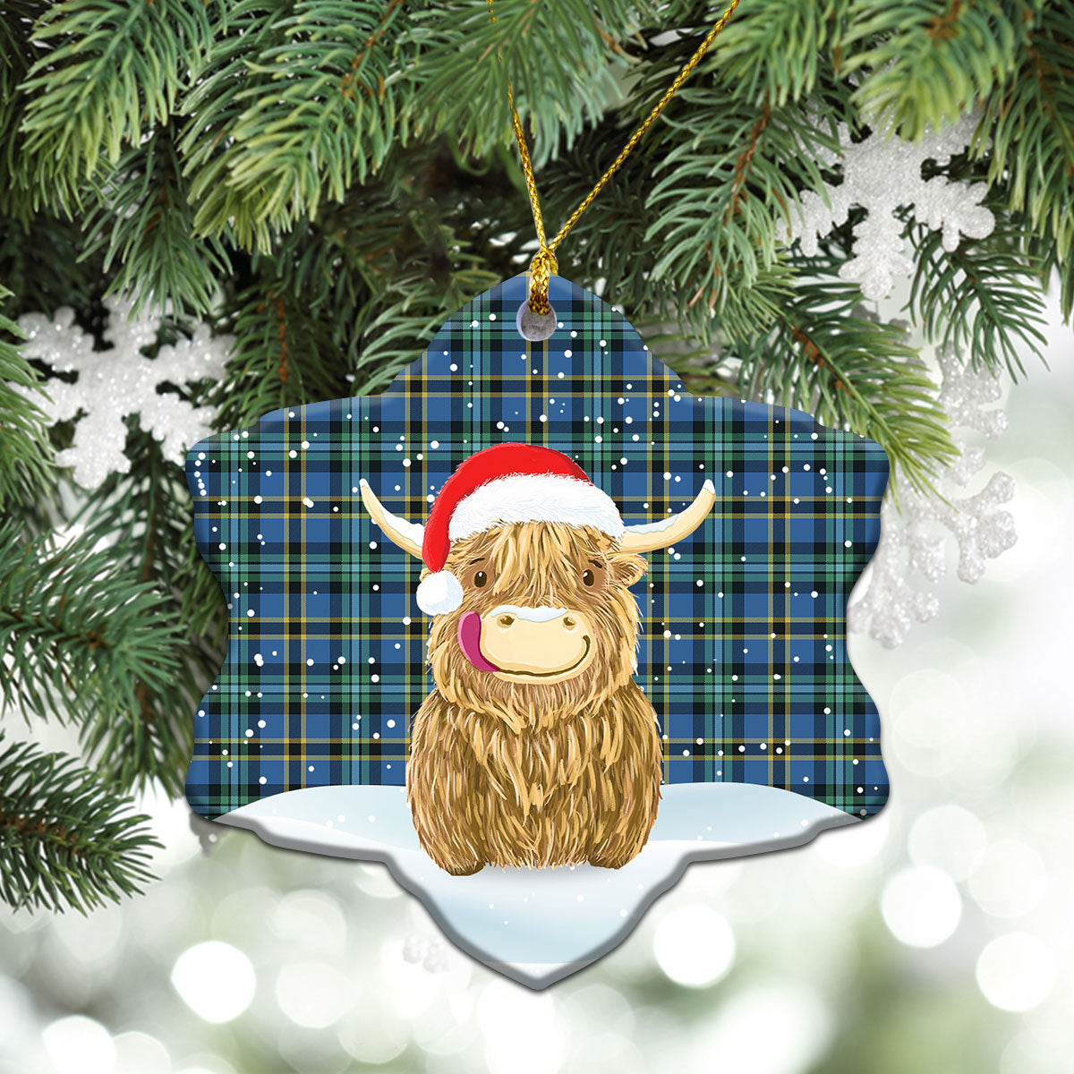 Weir Ancient Tartan Christmas Ceramic Ornament - Highland Cows Style