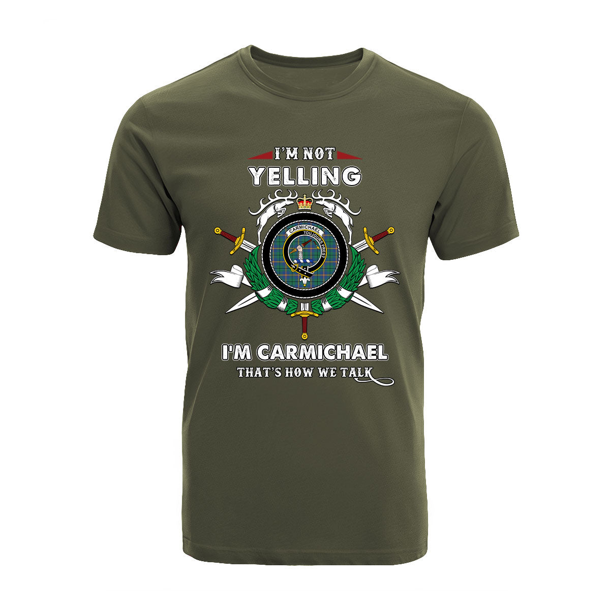 Carmichael Tartan Crest T-shirt - I'm not yelling style