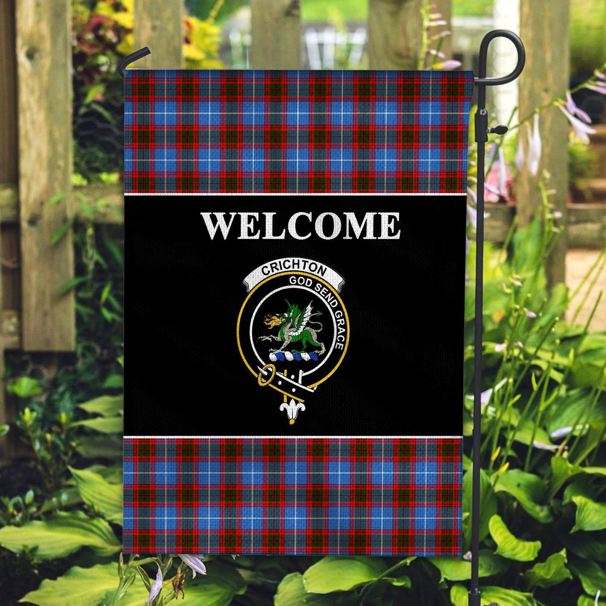 Crichton Tartan Crest Black Garden Flag